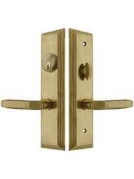 Manhattan F20 Function Mortise Lock Entryset in Antique Brass with Left Hand Milano Levers, and Stop/Release Buttons.